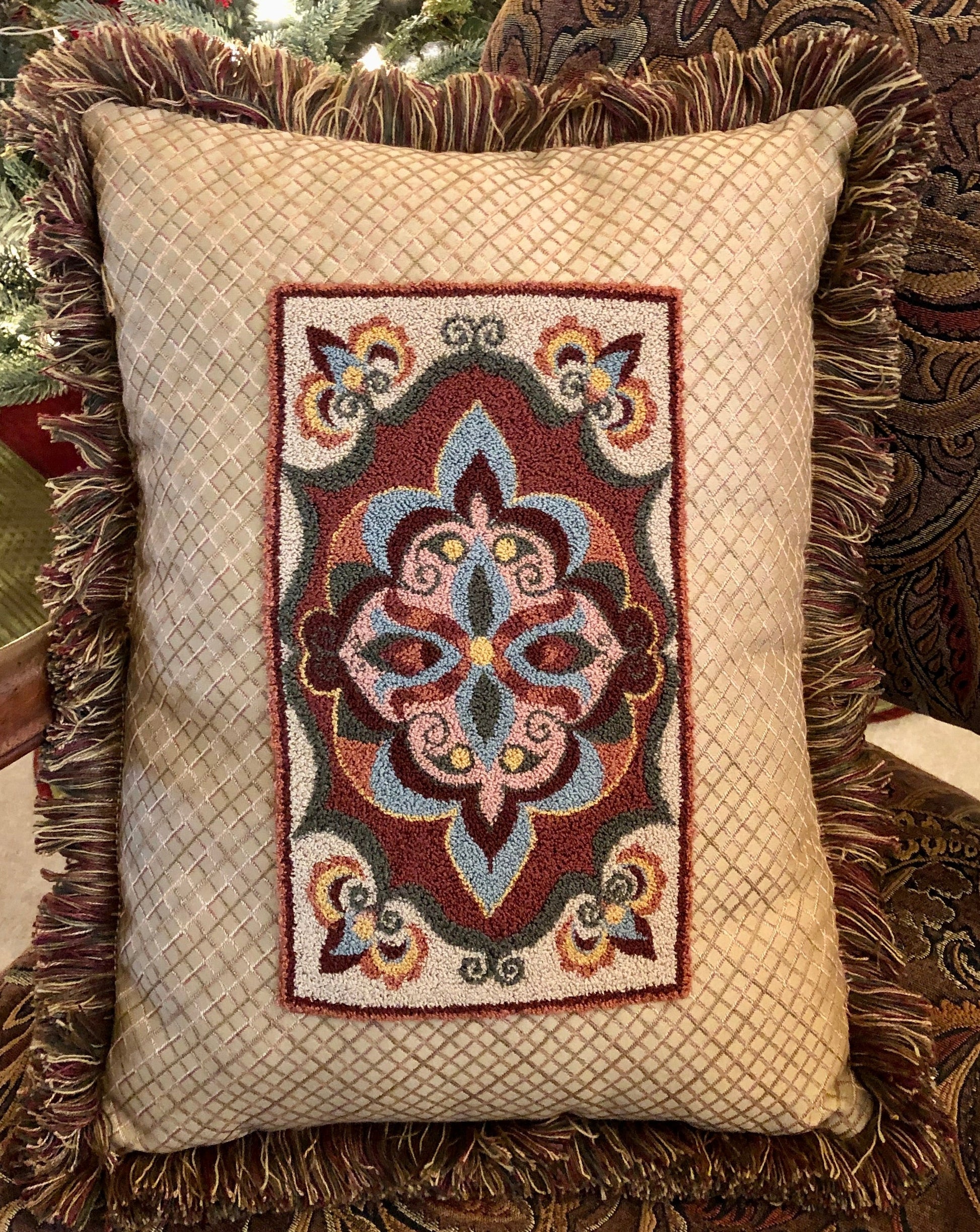 Punch Needle Pattern- Antiquity. A thread Punch Needle design created into a beautiful pillow. Design by Orphaned Wool