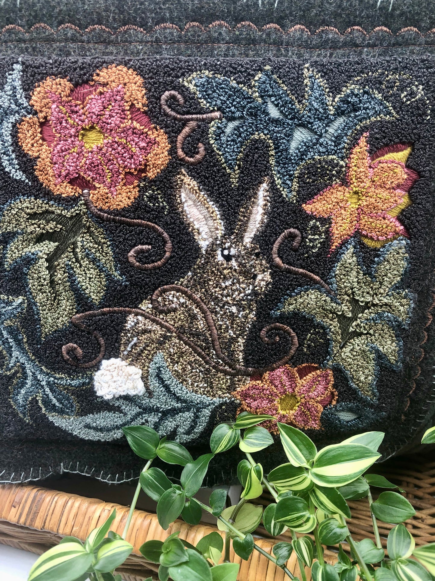 Garden Rabbit Punch Needle pattern by Orphaned Wool. Design can be finished using Valdani Threads or Dmc Floss. Beautiful Garden Rabbit pattern with flowers and leaves. A lovely pillow design.