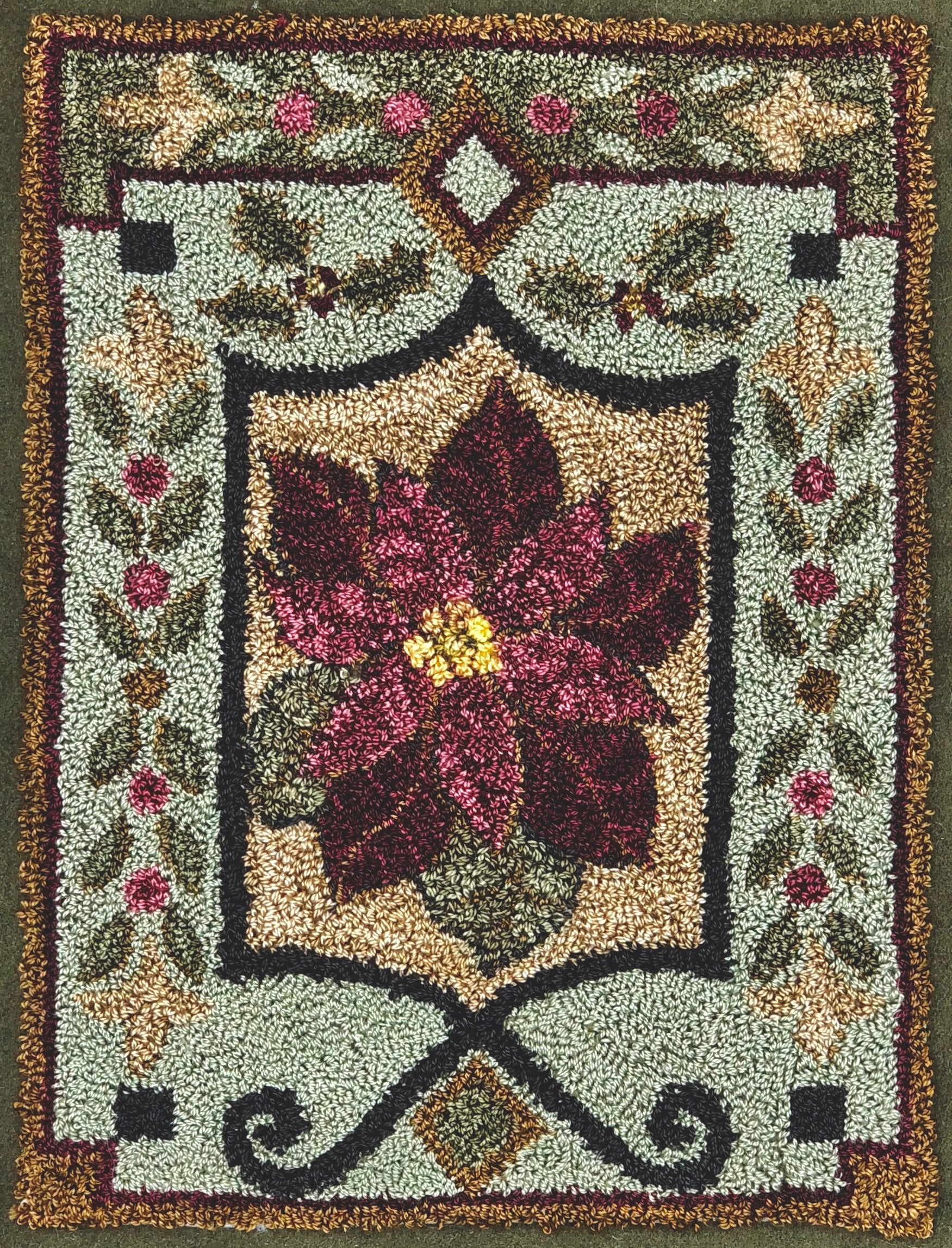 Holiday Views Punch Needle Pattern by Orphaned Wool. This design is available as a paper pattern and a pattern on weavers cloth. This is the perfect poinsettia holiday pattern. Finished using Valdani Threads but can also be completed using DMC Floss.