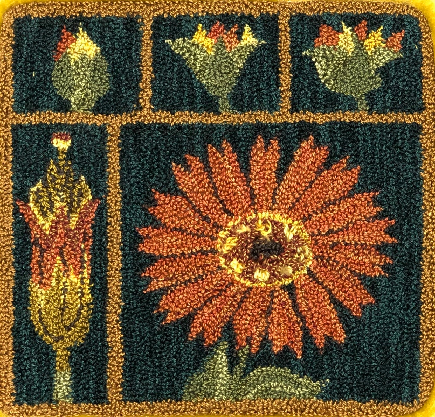 Marigold pattern is a rug hooking rug punch needle pattern, by Orphaned Wool that is hand-drawn on linen. This botanical pattern make a wonderful pillow or wall hanging design.