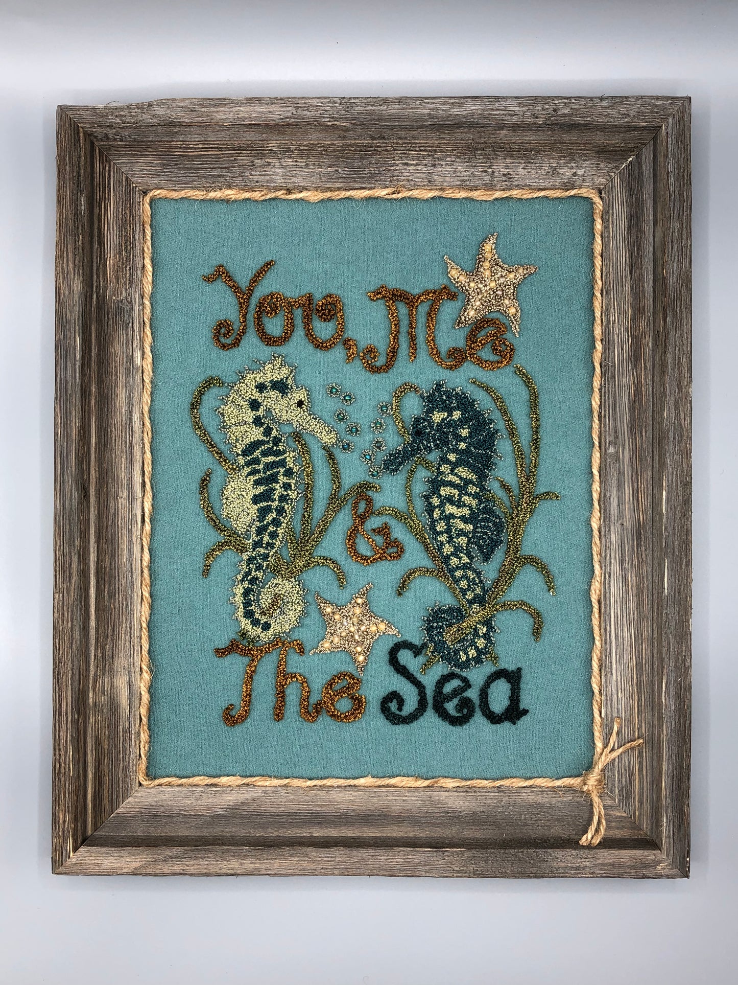 You, Me & The Sea -Punch Needle Pattern by Orphaned Wool.  This wonderful undersea pattern is available as a Paper Pattern or a Pattern on Weaver's Cloth fabric.  This design shown used wool fabric as the background but you can use thread to also create the background. 