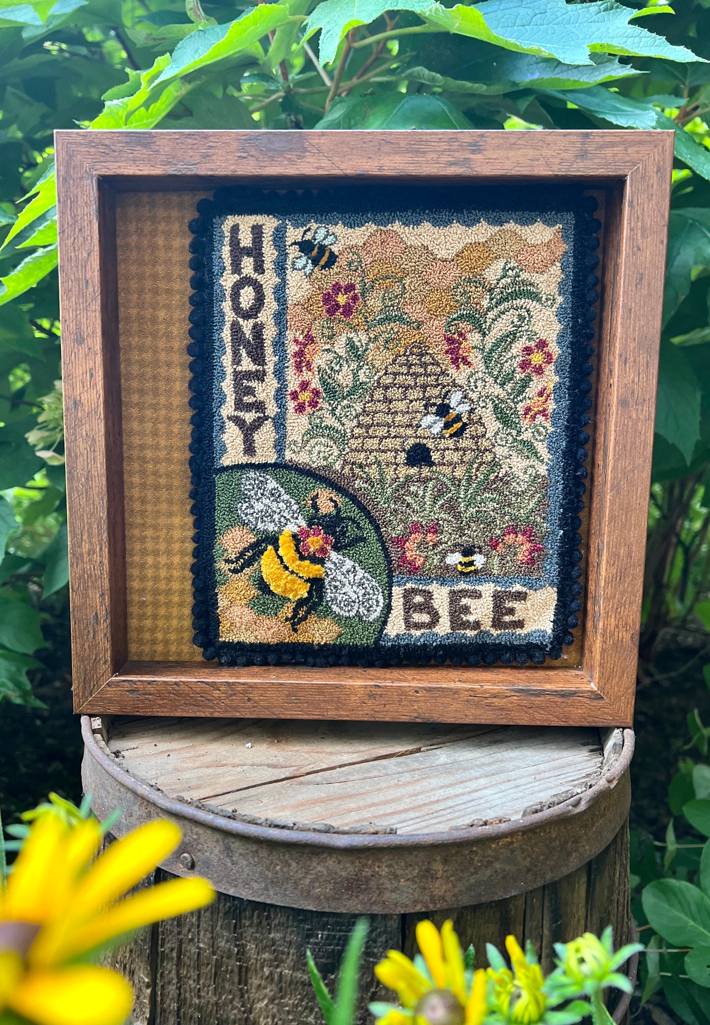 Honey Bee PDF Digital Download Punch Needle Pattern by Orphaned Wool, This is the perfect pattern for anyone that loves bumblebees. Pattern was finished using DMC Floss and has a honeycomb background and bee Skep and flowers in the design.