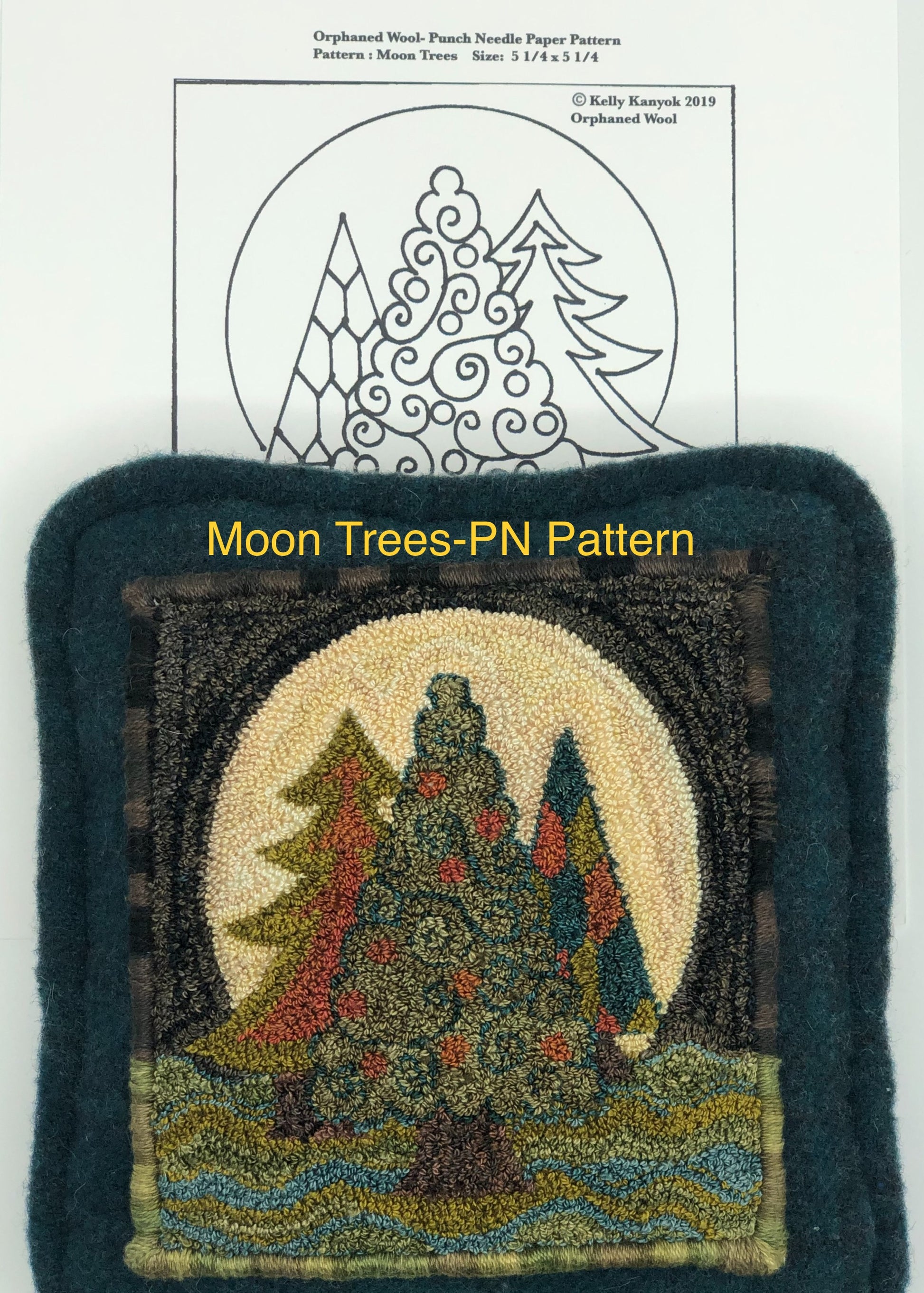 Moon Trees- Punch Needle Pattern by Orphaned Wool. This pattern is available in two different formats, paper pattern and pattern on weavers cloth fabric. Both patterns include the color codes for creating the pattern in Valdani Thread or DMC Floss or a combination of both types of threads. Makes a sweet pillow design.