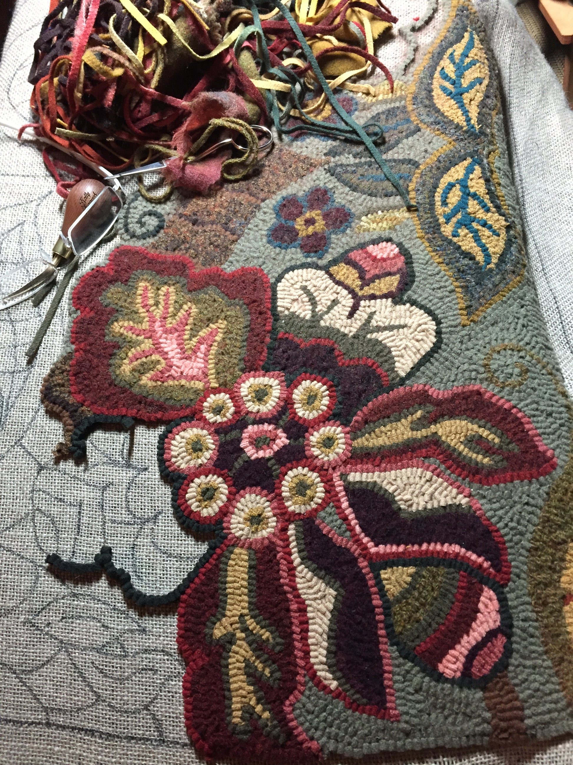 Flourish 3060- Rug Hooking pattern on Linen, Floral Design by Orphaned Wool. Work in process