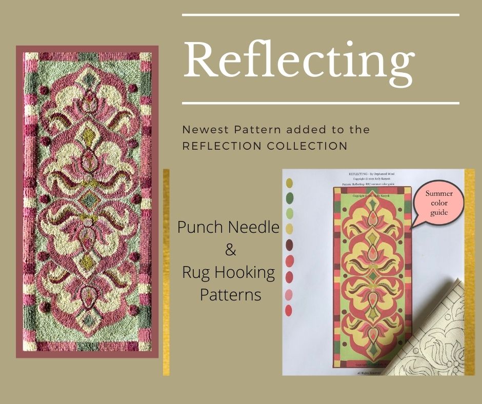 Reflecting- Rug Hooking or Rug Punch Needle Pattern on Linen by Orphaned Wool. This lovely pattern is Hand-drawn on natural linen and makes a wonderful tabletop runner. Comes with two color guides (Summer & Winter)