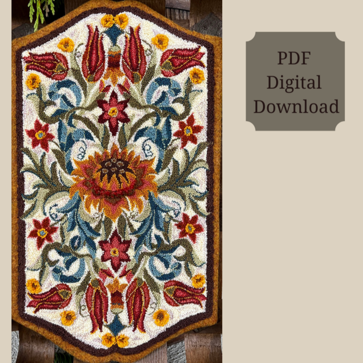 Delight- PDF Rug Hooking or Rug Punch Needle Pattern, by Orphaned Wool. This timeless design has a beautiful scalloped edge design that make for quite an elegant pattern. This is a PDF Paper Pattern digital download that’s pattern is meant to be enlarged to your desired size pattern. This can be easily done at most shipping or copy center stores. Copyright 2022- Kelly Kanyok / Orphaned Wool