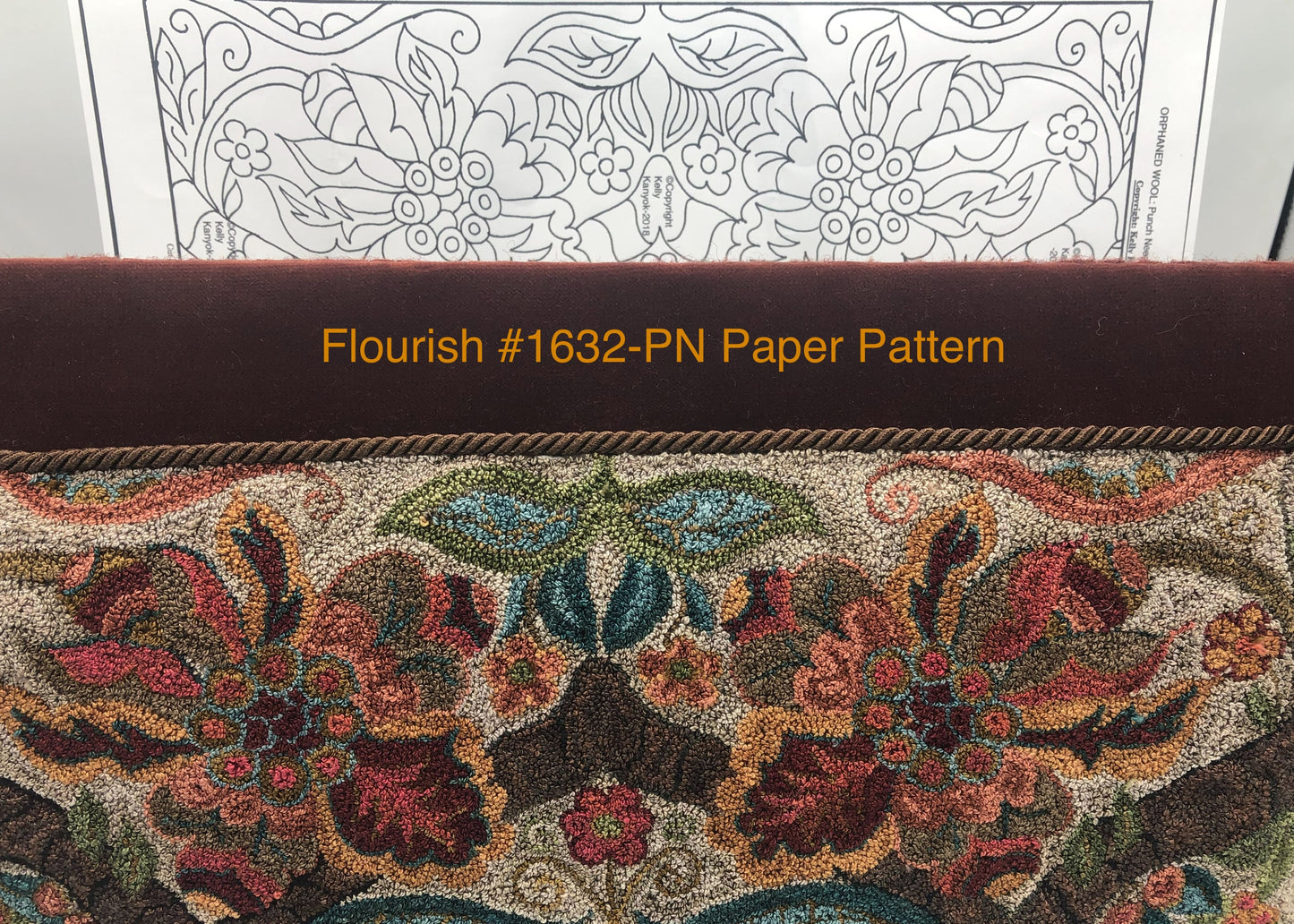 Flourish 1632- Punch Needle Pattern, Paper and Cloth Patterns available. Floral design, by Orphaned Wool