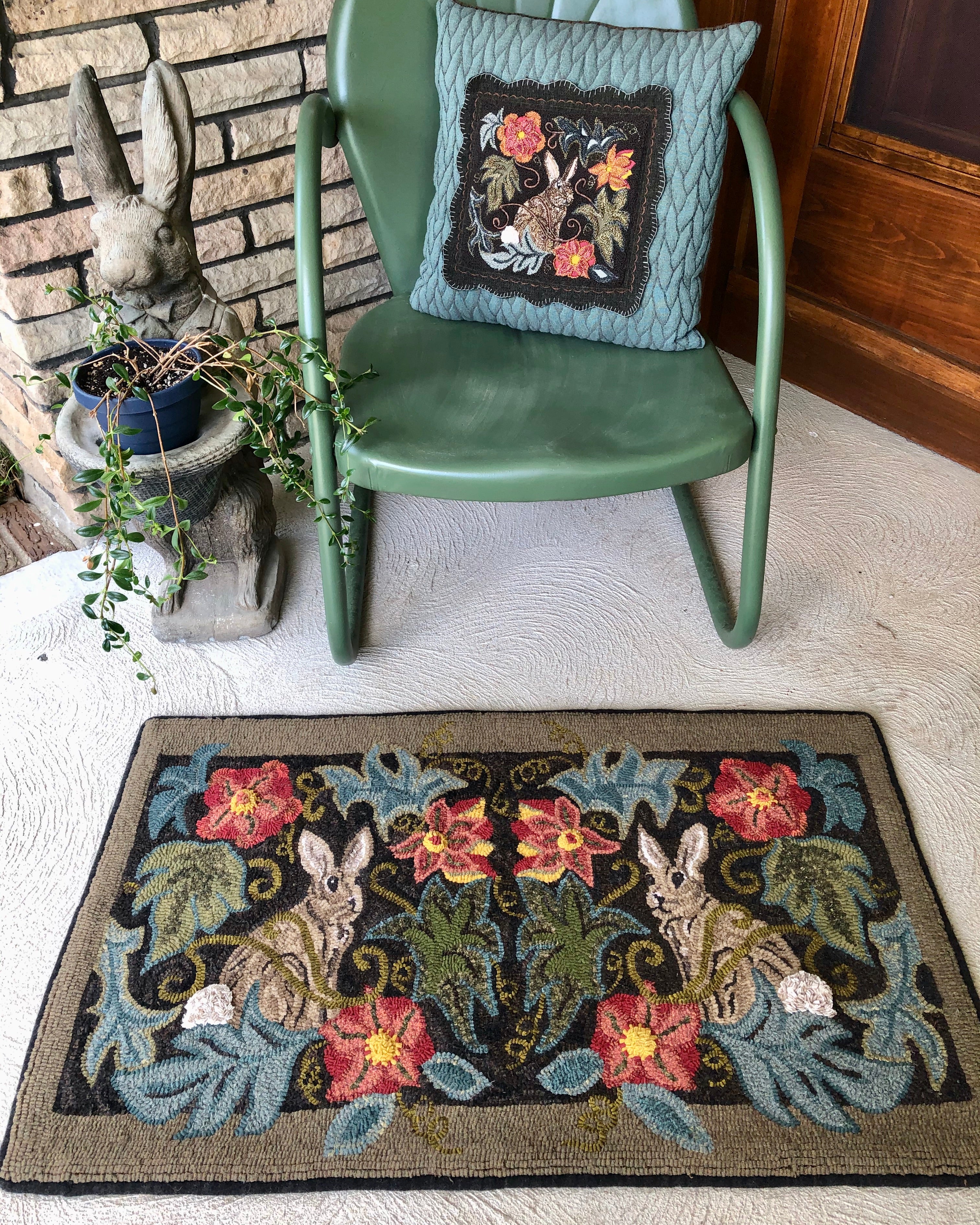 Rabbit Hook Rug Rabbits in the Garden Rug Hooking Pattern | Woodland Linen Ready-to ...