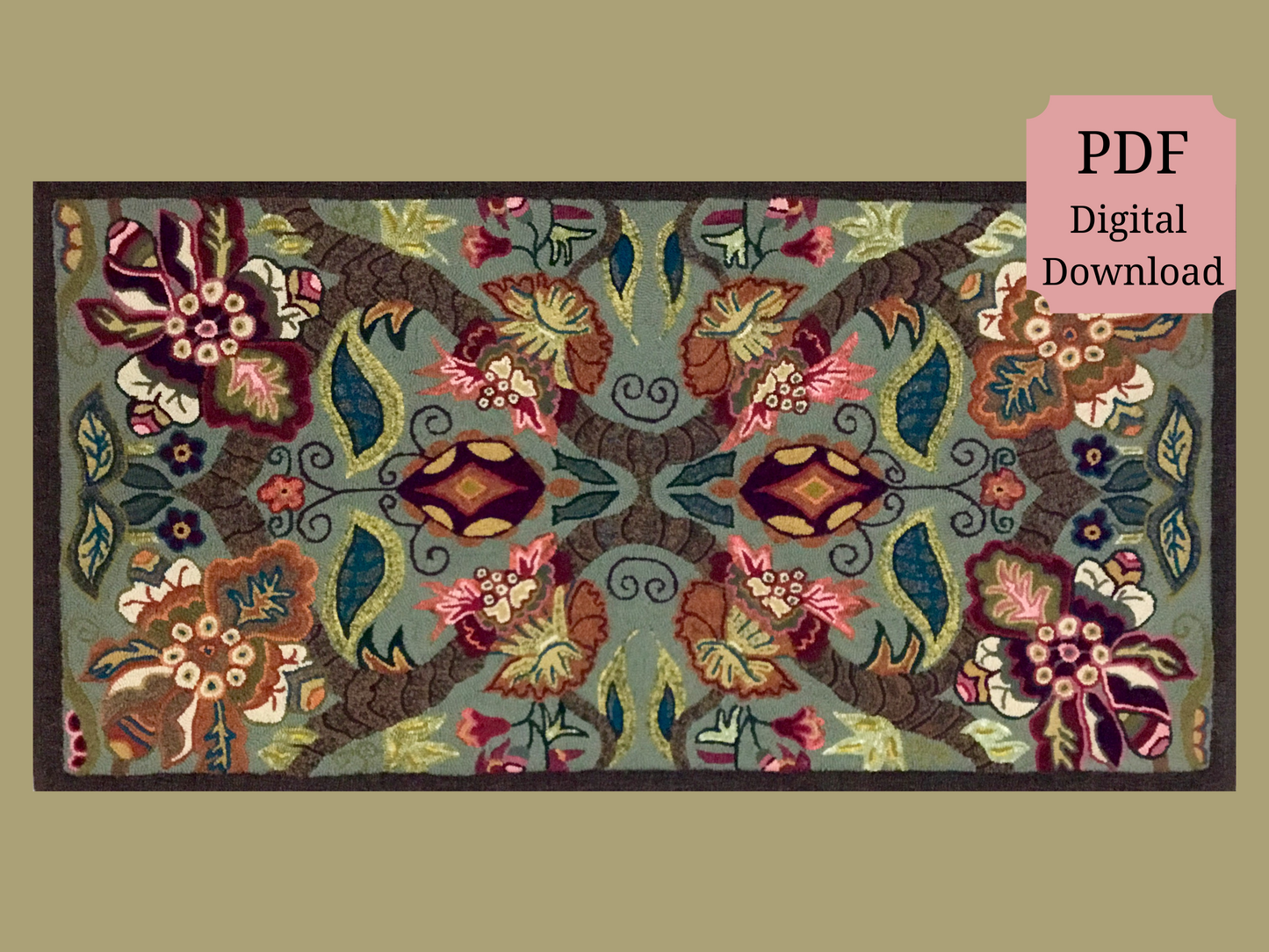 Flourish 3060- Rug Hooking PDF Digital Downloadable Pattern, Floral design, by Orphaned Wool