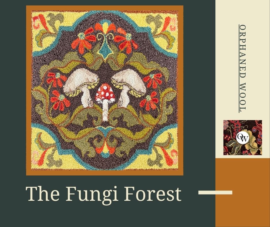 The Fungi Forest Linen Rug Hooking or Rug Punch Needle Pattern from Orphaned Wool. This woodsy mushroom pattern is perfect for any nature lover. Hand-drawn on natural Linen and available in two size, small and large. Copyright 2023 Kelly Kanyok-Orphaned Wool