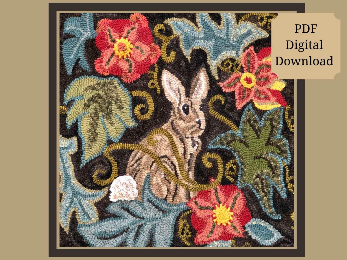 Garden Rabbit PDF Digital Download Rug Hooking Pattern, by Orphaned Wool. Beautiful Rabbit with Flowers and Leaves surrounding him. Perfect for rug hooking or rug punching with the Oxford punch Needle. 
