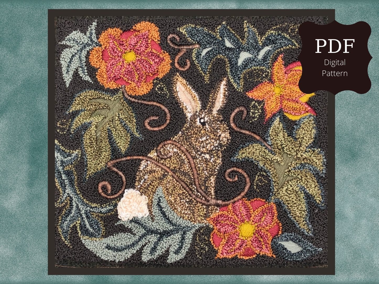 Garden Rabbit Punch Needle PDF Digital Download Pattern, by Orphaned Wool. Can be finished using DMC floss or Valdani Threads. Lovey Bunny Pattern with flowers and Foliage.