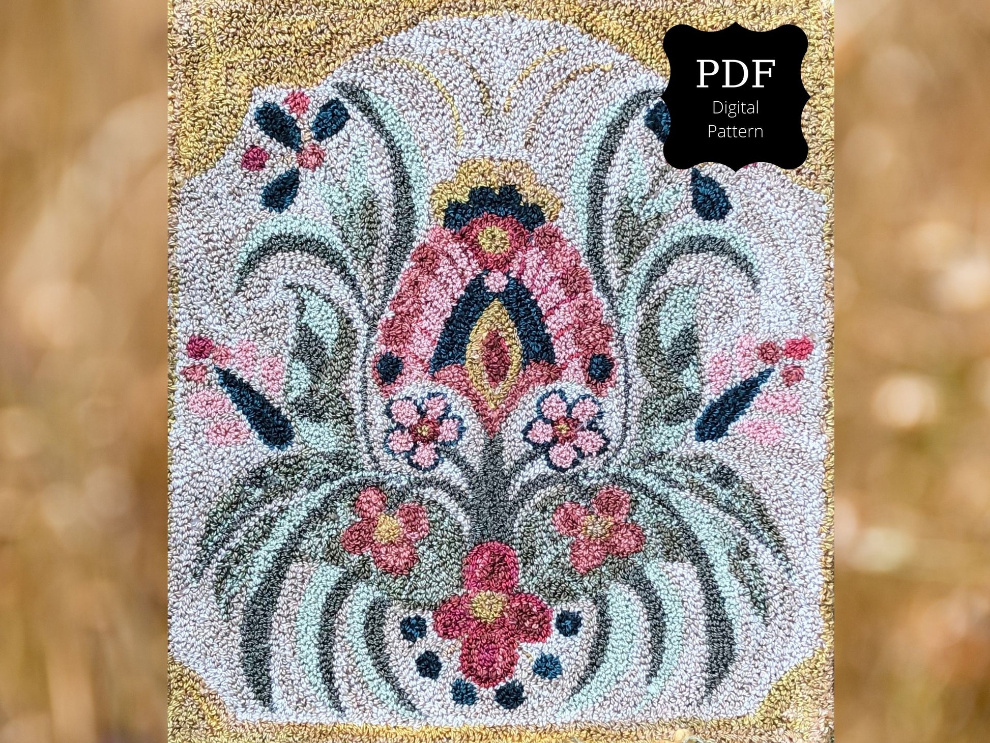 Gracious PDF Digital Punch Needle Pattern by Orphaned Wool. This is a beautiful floral design created by Kelly Kanyok of Orphaned Wool