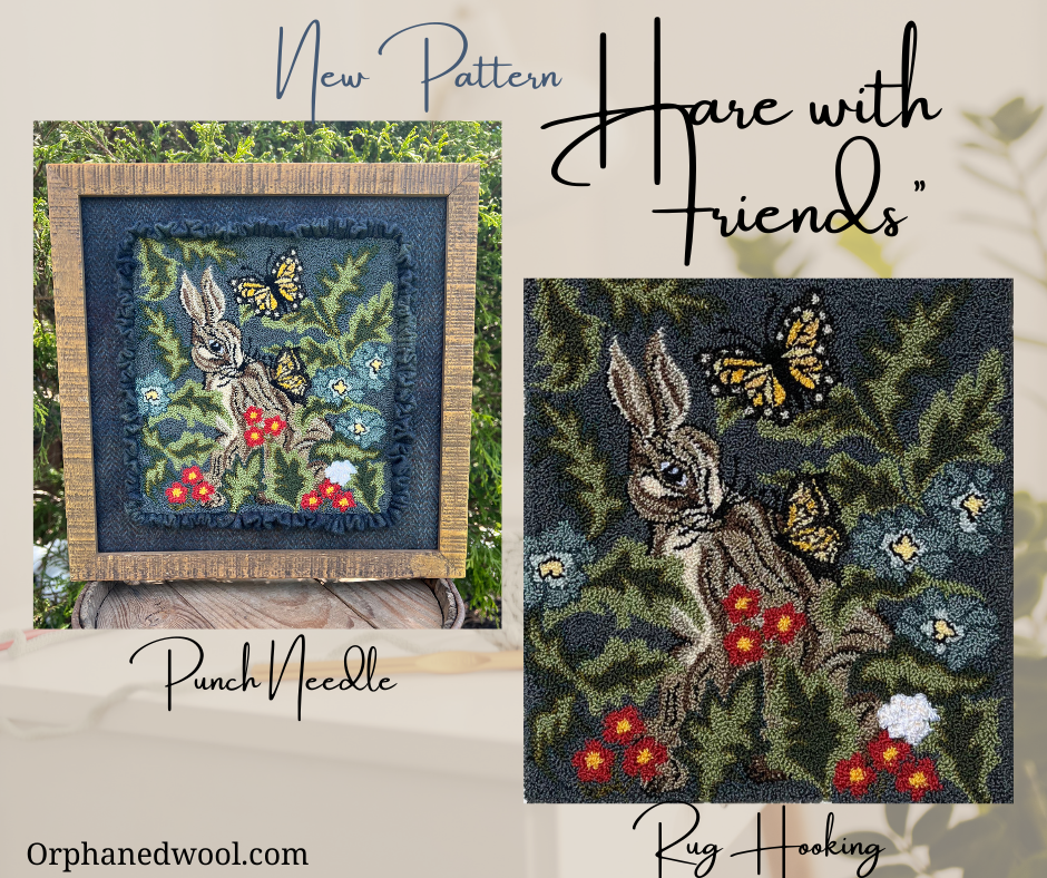 Hare With Friend PDF Digital Download Rug Hooking or Oxford Rug Punch Needle Pattern. Design by Orphaned Wool. This is a wonderful Bunny and Butterfly pattern the has lots of flowers and foliage in the deisgn.