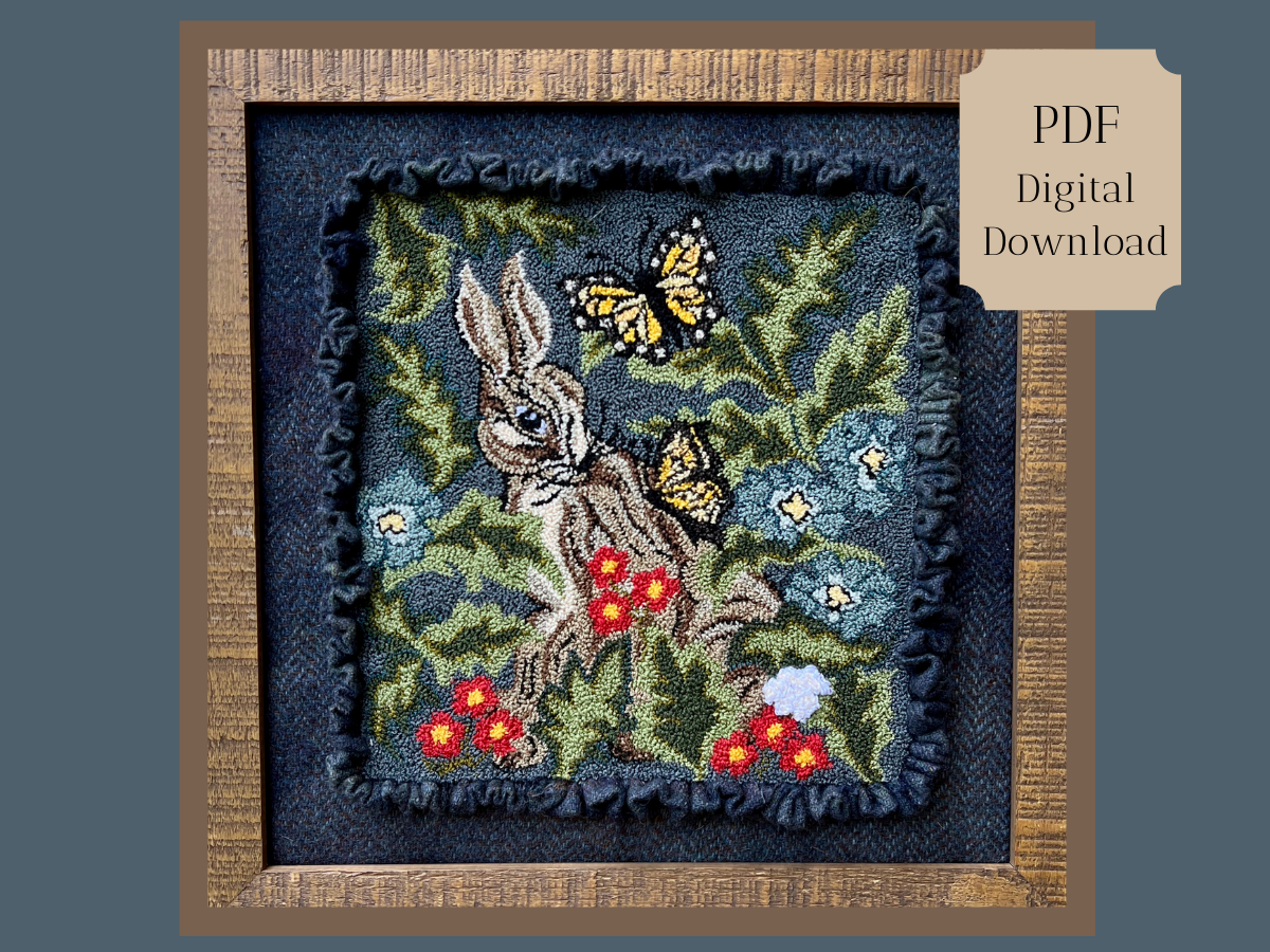 Hare with Friends PDF Digital Download Punch Needle  Pattern by Orphaned Wool. This design is for anyone that loves bunnies and butterflies. This bunny is nestled in with flowers and foliage. makes a stunning finished design. DMC Floss was used in pattern.