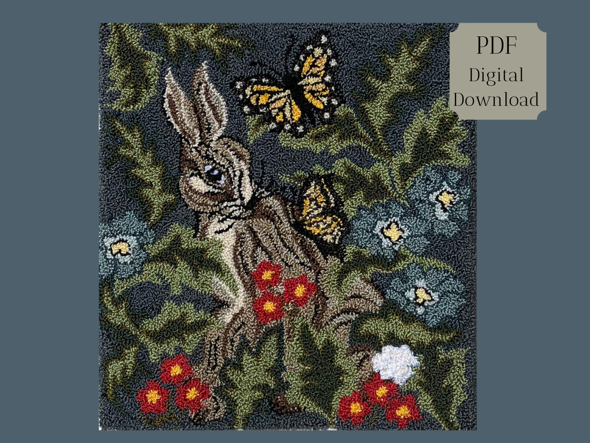 Hare With Friend PDF Digital Download Rug Hooking or Oxford Rug Punch Needle Pattern. Design by Orphaned Wool. This is a wonderful Bunny and Butterfly pattern the has lots of flowers and foliage  in the deisgn.