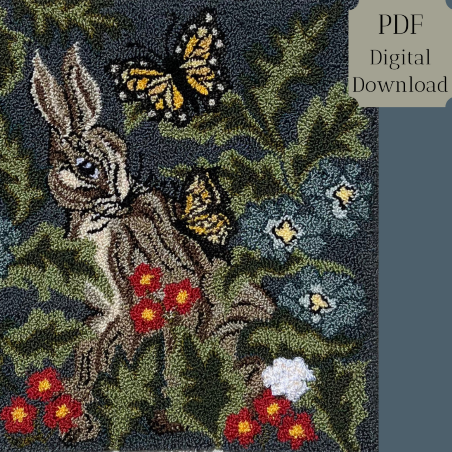 Hare With Friend PDF Digital Download Rug Hooking or Oxford Rug Punch Needle Pattern. Design by Orphaned Wool. This is a wonderful Bunny and Butterfly pattern the has lots of flowers and foliage  in the deisgn.