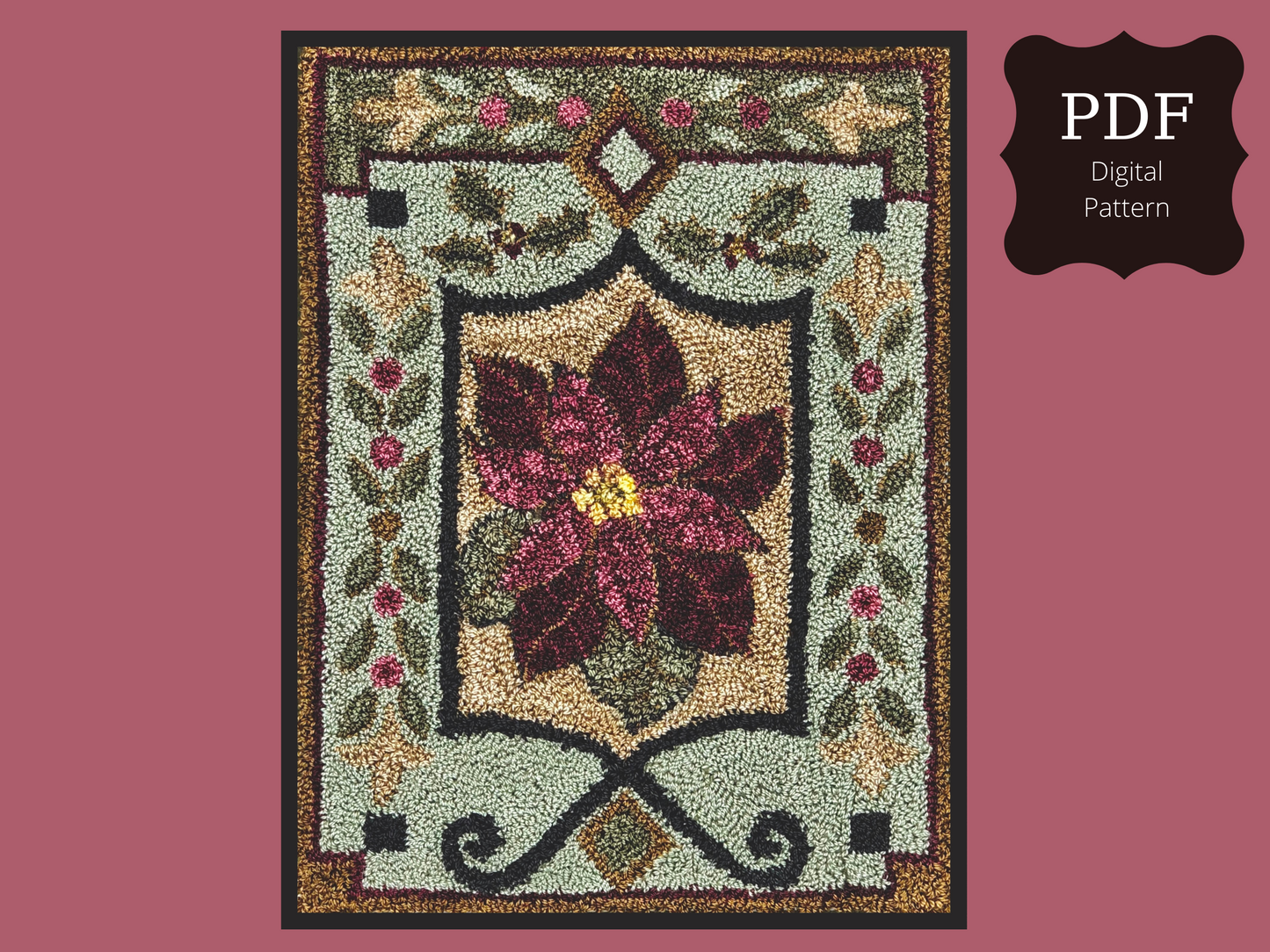 Holiday Views PDF Punch Needle Digital Download Pattern by Orphaned Wool. This is the perfect poinsettia holiday pattern. Finished using Valdani Threads but can also be completed using DMC Floss.