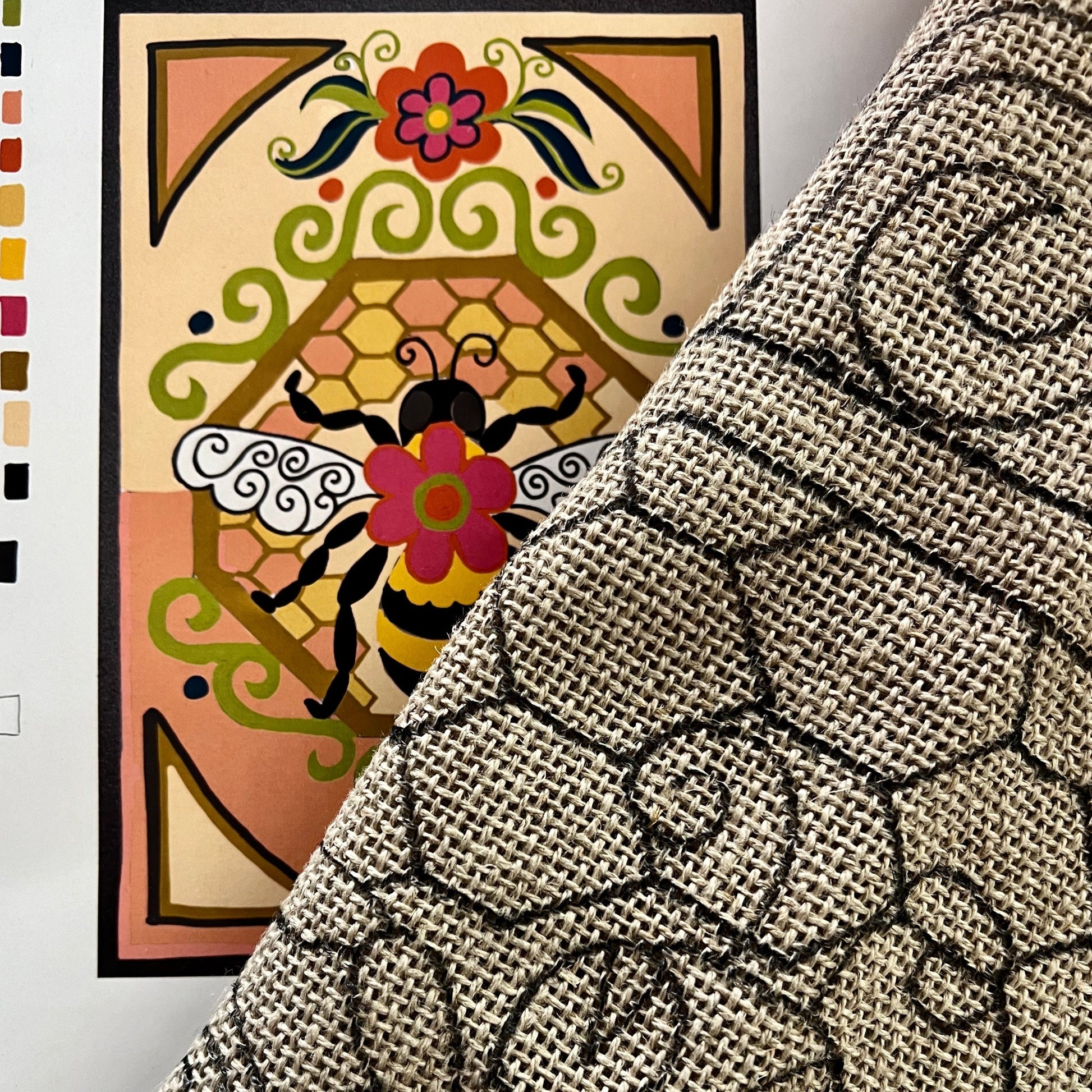 Bumblebee I- Rug Hooking Pattern on Linen, Color Guide,  by Orphaned Wool