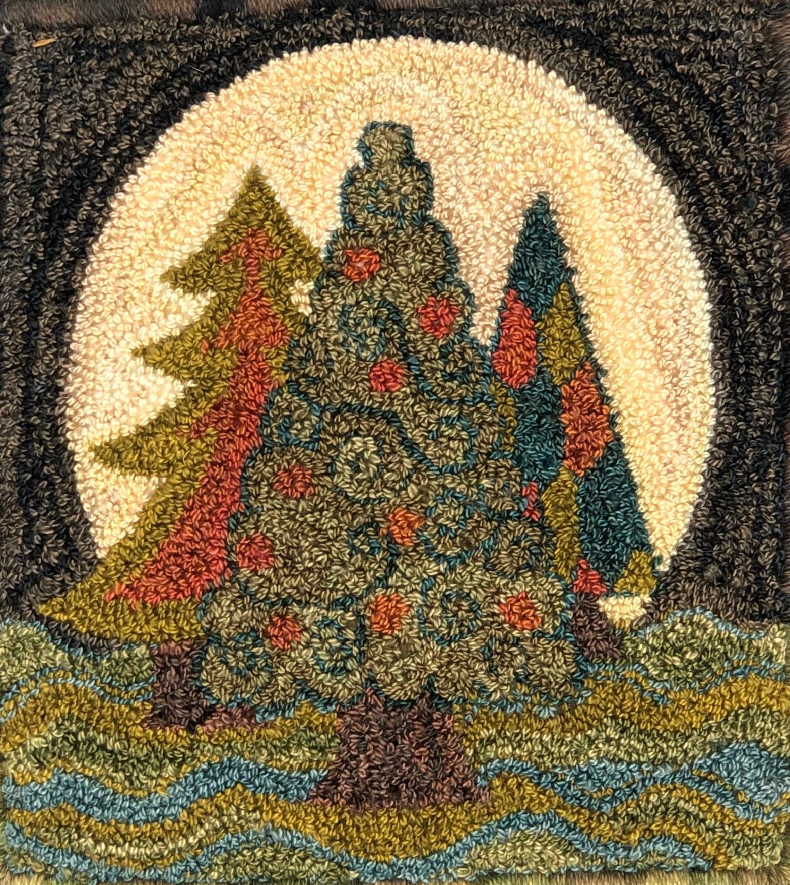Moon Trees Pattern on Linen for Rug Hooking or Rug Punch Needle by Orphaned Wool. This lovely design is hand drawn on quality linen. Enjoy these colorful trees highlighted by the moon.