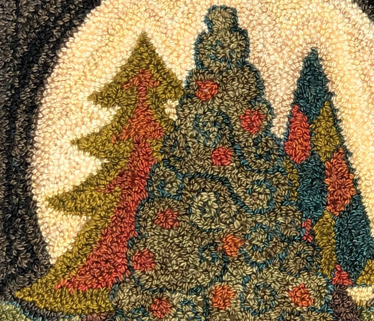 Moon Trees Pattern on Linen for Rug Hooking or Rug Punch Needle by Orphaned Wool. This lovely design is hand drawn on quality linen. Enjoy these colorful trees highlighted by the moon.