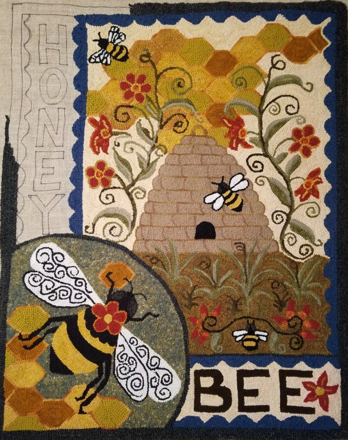 Honey Bee- PDF Digital Download Rug Hooking Pattern by Orphaned Wool . This Pattern is designed to be enlarged,, customize your size and enjoy all the lovely bumblebees, honey skep and honeycomb background. Perfect for creating with the Oxford Rug Punch Needle.