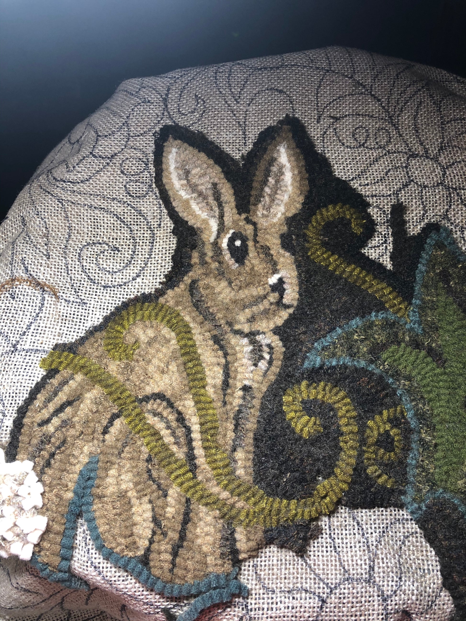 Garden Rabbit PDF Digital Download Rug Hooking Pattern, by Orphaned Wool. Beautiful Rabbit with Flowers and Leaves surrounding him. Perfect for rug hooking or rug punching with the Oxford punch Needle.