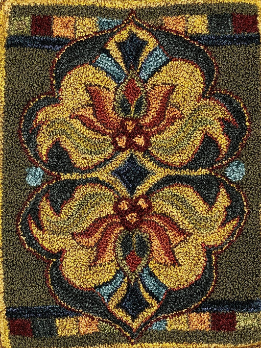 Reflected- Rug Hooking or Rug Punch Needle Pattern on Linen by Orphaned Wool. This lovely pattern is Hand-drawn on natural linen and makes a wonderful tabletop runner. Comes with two color guides (Summer & Winter)