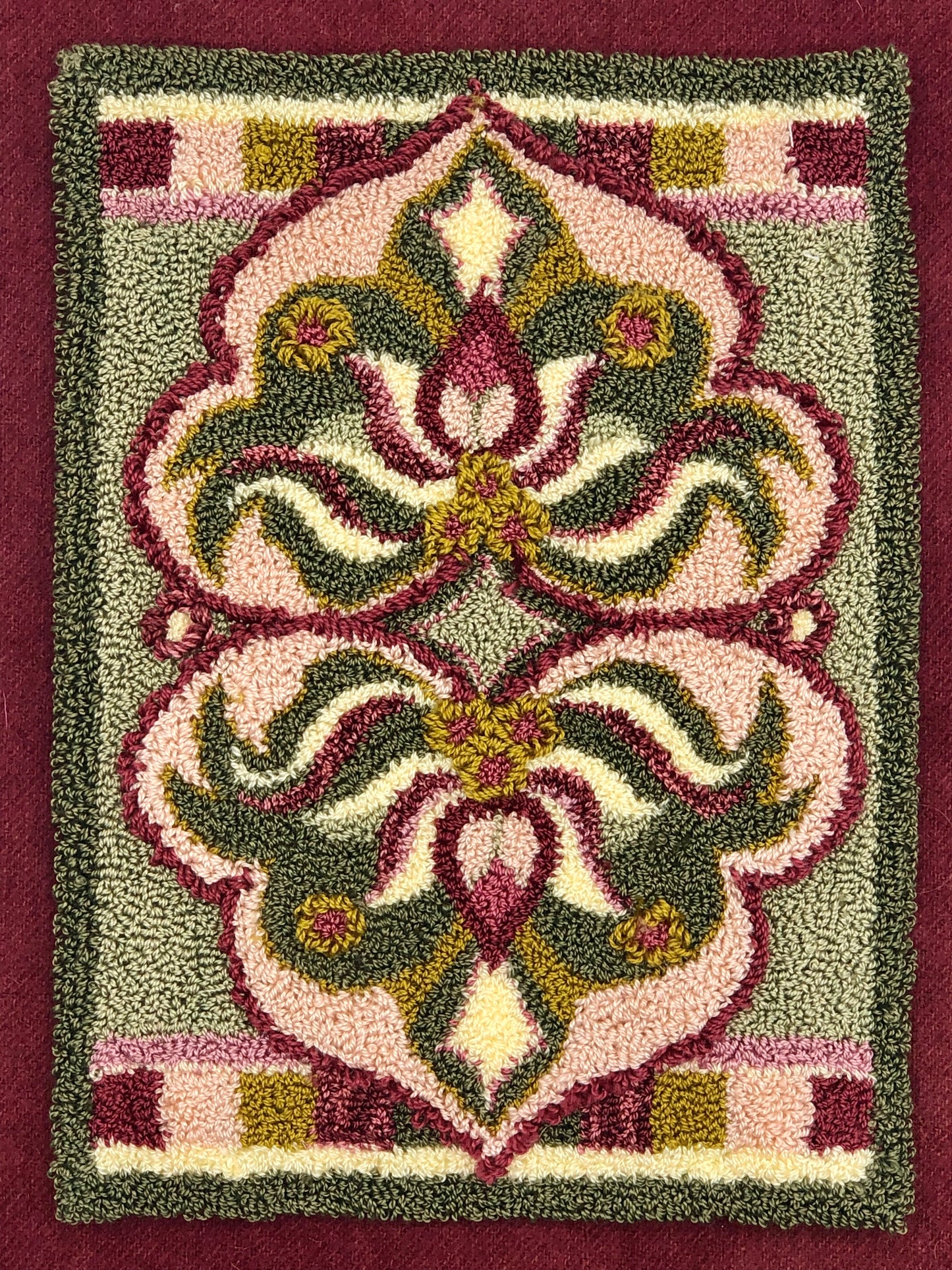 Reflected- Rug Hooking or Rug Punch Needle Pattern on Linen by Orphaned Wool. This lovely pattern is Hand-drawn on natural linen and makes a wonderful tabletop runner. Comes with two color guides (Summer & Winter)