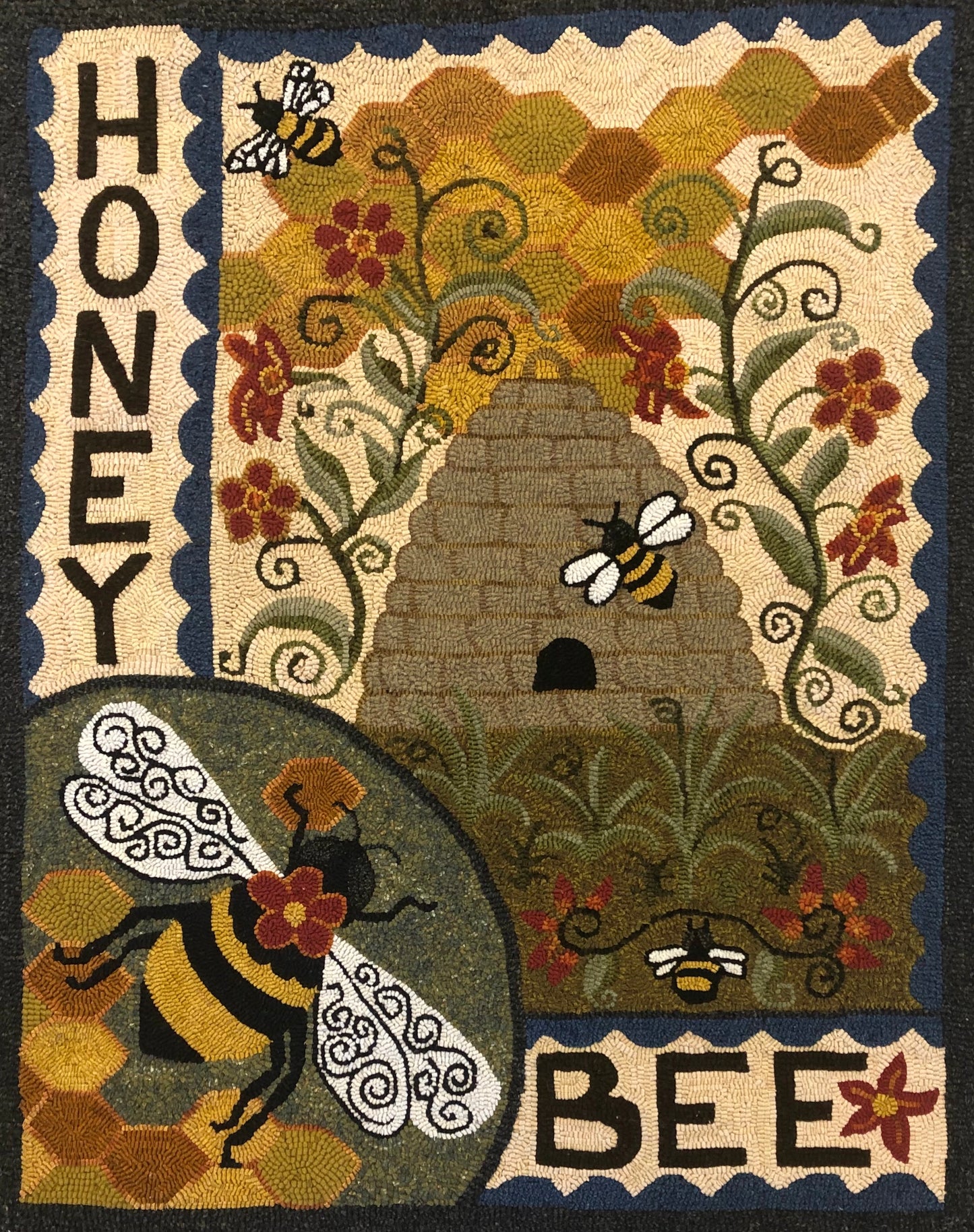 Honey Bee- Rug Hooking pattern on Linen designed by Kelly Kanyok of Orphaned Wool. This is a wonderful Bumblebee Pattern with a Bee Skep and Honeycombs background. The bee are enjoying all the flowers is this sweet design.