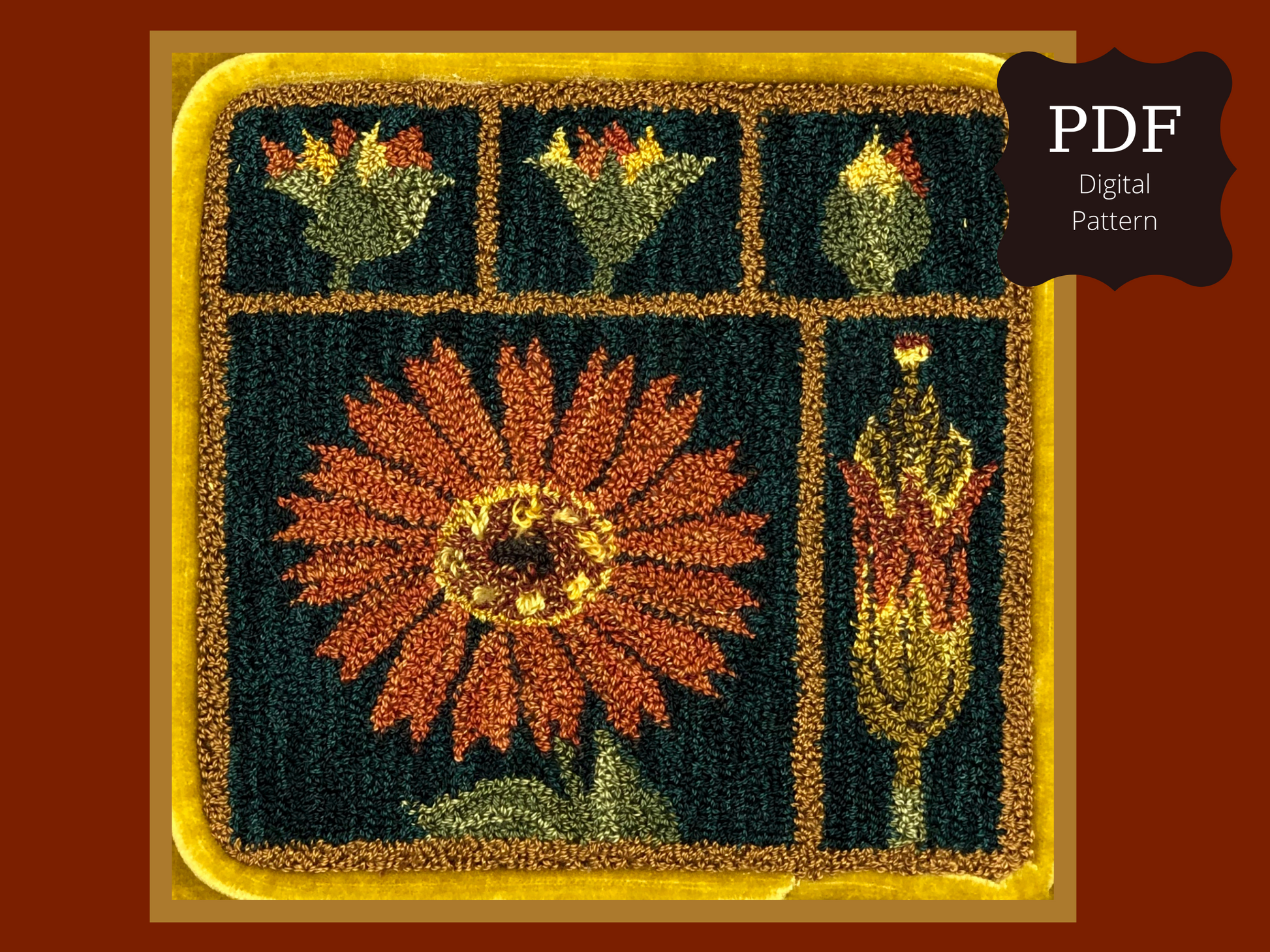 Marigold PDF Digital Download Punch Needle Pattern by Orphaned Wool. This is a beautiful botanical pattern that also has a companion design Poppy (purchased separately ) Create using Valdani Threads or DMC Floss both color codes are included with the download purchase.