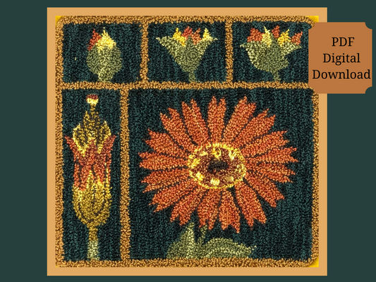 Marigold PDF Rug Hooking Pattern By Orphaned Wool. This pattern is perfect for Rug Hooking or Rug Punch Needle. This design also has a companion design  Poppy-(purchased Separately). Enjoy this wonderful botanical design.