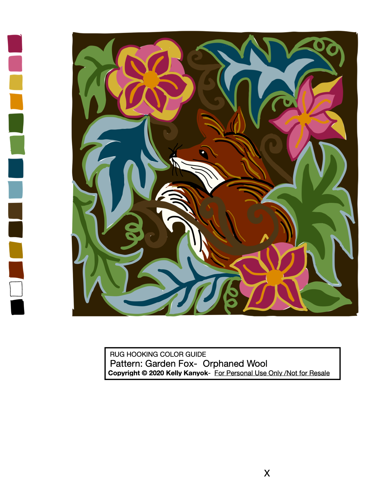 Garden Fox- Rug Hooking Pattern on Linen, Floral and Fox design, Color placement guide,by Orphaned Wool