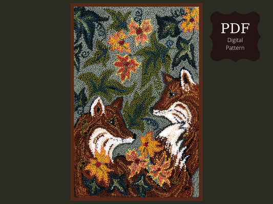 Together -PDF Digital Download Punch Needle Pattern by Orphaned Wool. This sweet pattern of two foxes looking at each other lovingly is perfect for anyone that enjoy the beauty of a fox, This pattern includes all the color codes needed to recreate this exact design,