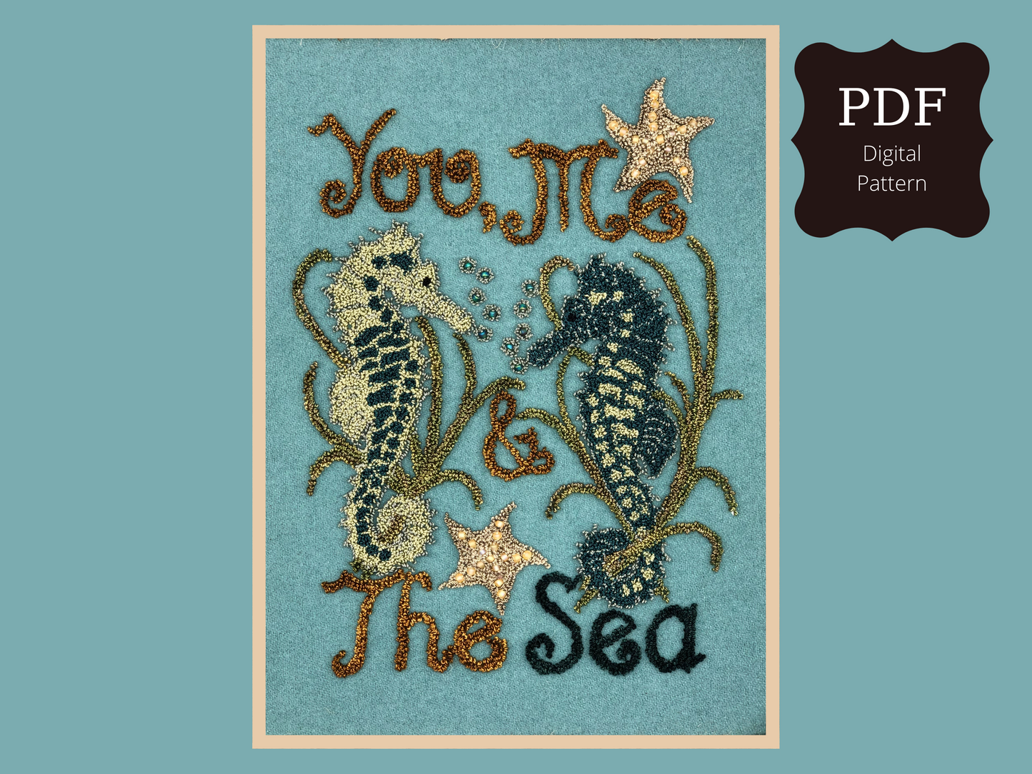 You, Me & The Sea- PDF Digital Download Punch Needle Pattern by Orphaned Wool. This wonderful under the sea pattern was created using wool fabric as the background fused with the weaver's cloth pattern. Small beads were also used to create the bubble effects. 